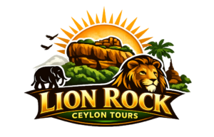 Lion Rock Ceylon Tours logo featuring a golden lion head and Sigiriya Rock silhouette symbolizing Sri Lanka’s heritage and adventure travel.